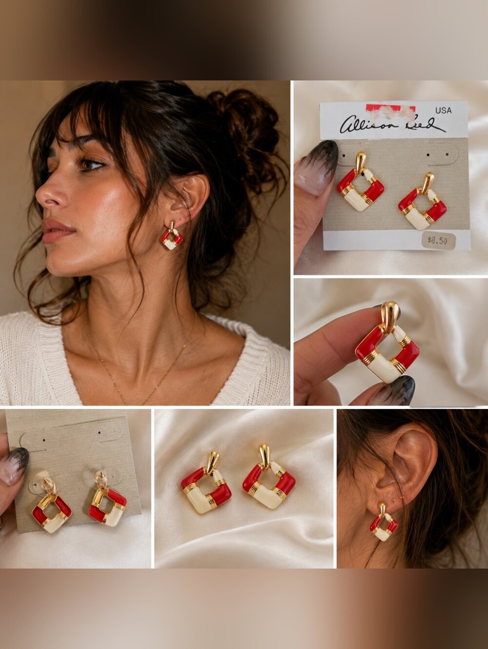 Allison Reed Red & Cream Gold Enamel 80's Vintage Hoop Earrings Retro Office